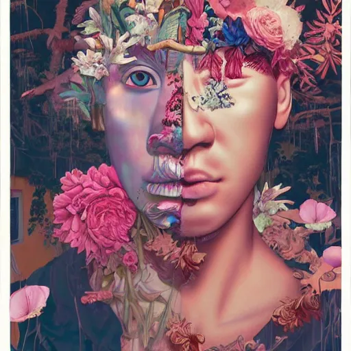 Image similar to Tristan Eaton & Greg Rutkowski, award winning masterpiece with incredible details, Zhang Kechun, a surreal vaporwave vaporwave vaporwave vaporwave vaporwave painting by Thomas Cole of an old pink mannequin head with flowers growing out, sinking underwater, highly detailed