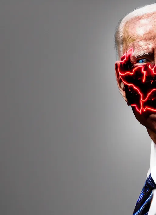 Prompt: hyper realistic ultra realistic cyborg photo Doom furious glowing red eyes biden