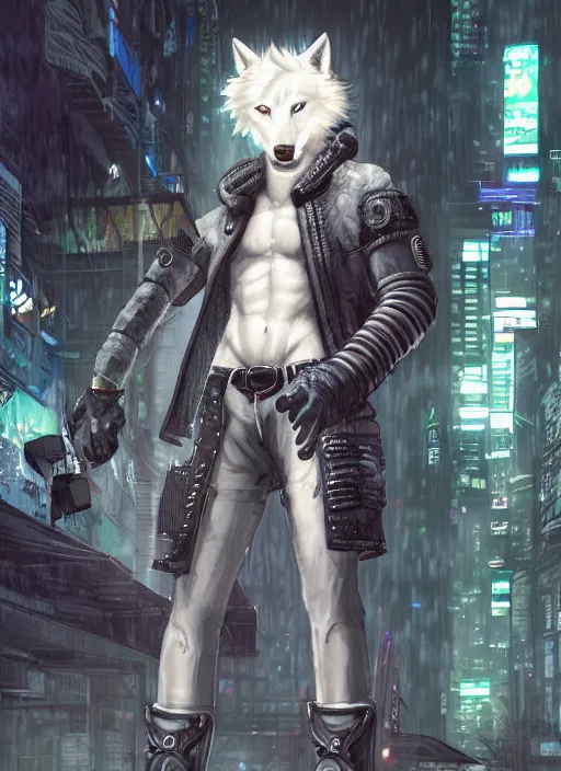 Image similar to character portrait of a male anthro albino wolf fursona with a tail and a cute beautiful attractive detailed furry face wearing stylish cyberpunk pants and boots, no shirt in a cyberpunk city at night while it rains. hidari, color page, tankoban, 4K, tone mapping, Akihiko Yoshida.