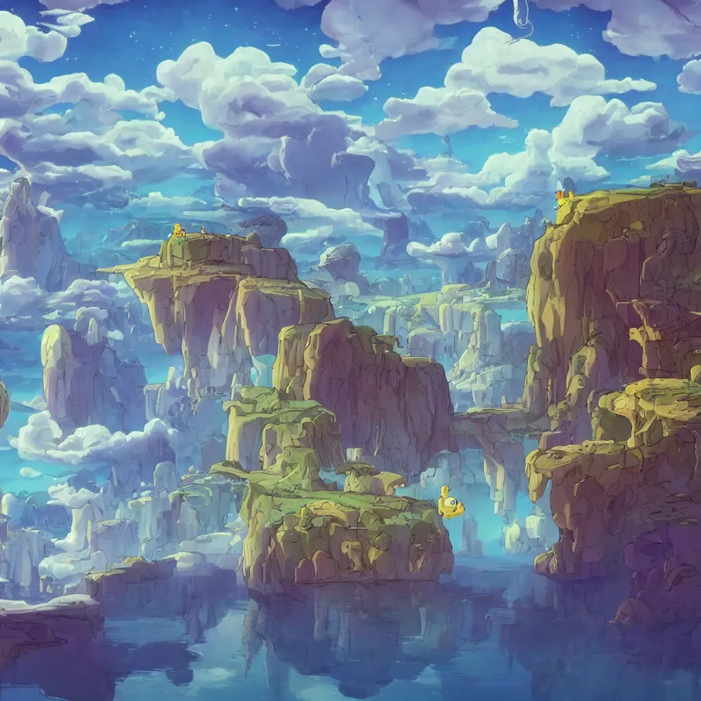 Image similar to amazing beautiful landscape ,a screenshot from adventure time, by Salvador dali and Makoto Shinkai