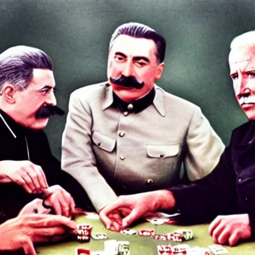 Image similar to UHD candid color photo of Joseph Stalin playing poker with Joe Biden and Hitler, accurate faces, UHD, photorealistic, correct face, photo by Annie Leibowitz