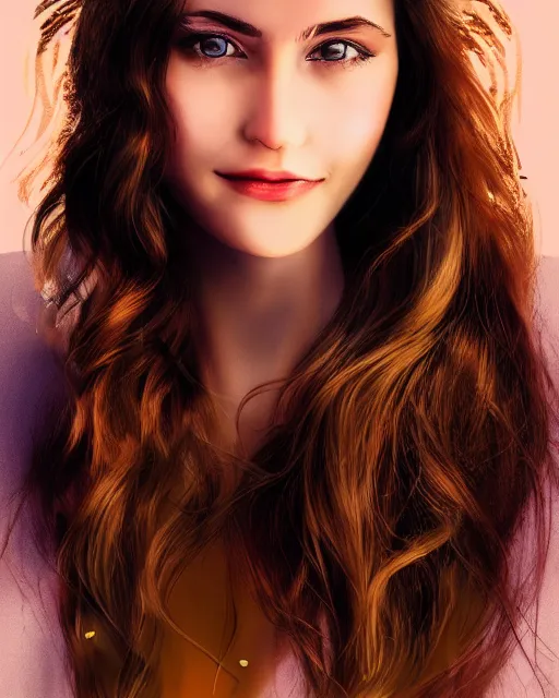 Prompt: beautiful italien woman, long brown hair, playful smile, mix between illustration and photo, backlit, pastel color gradients, soft lighting, sharp details