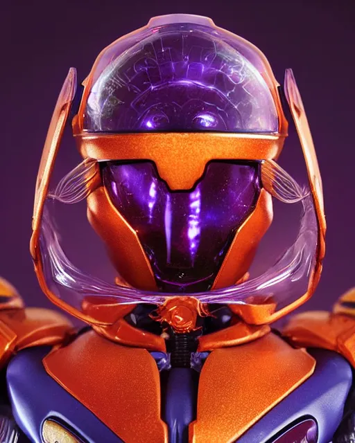 Image similar to tetradic galaxy cosmic space - opera diorama bg. helmet portrait of a figurine of samus aran's orange chozo varia power suit from the sci - fi nintendo videogame metroid. designed by hiroji kiyotake, gene kohler and rodney brunet. metroid zero mission. metroid prime. glossy. masterpiece. intricate cybertronics. shallow depth of field.