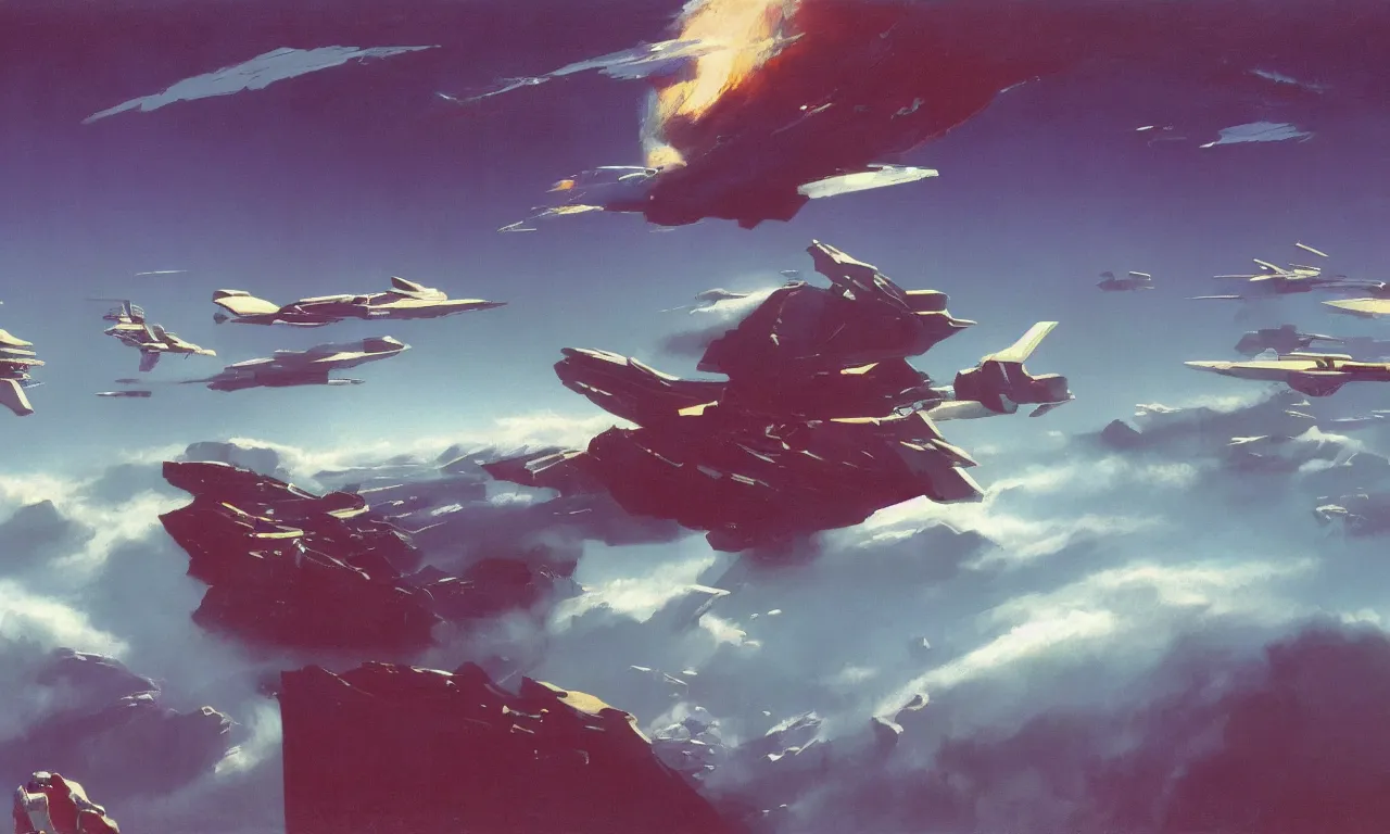 Prompt: Science-Fiction landscape high above clouds by Syd Mead, John Harris, Federico Pelat