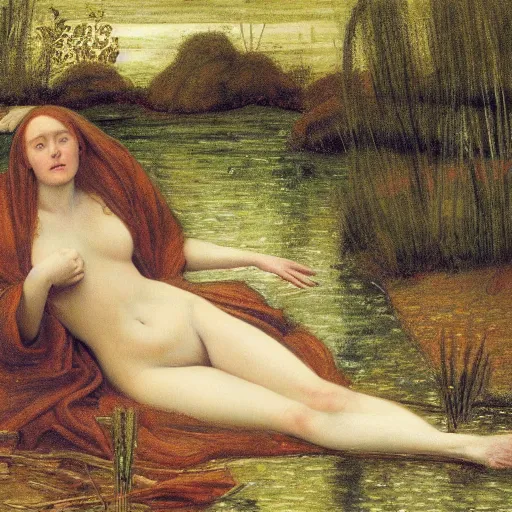 Image similar to breathtaking masterpiece of art, elizabeth eleanor siddall as ophelia laying down in shivasna floating down the river amongst the reeds fully clothed in flowing medieval robes by rosetti, 8 k