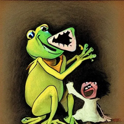 Image similar to “Kermit the Frog Devouring His Son” by Francisco Goya