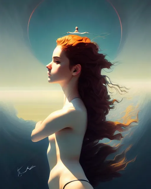 Image similar to girl in sky, floating in the atmosphere, symmetrical face and body, symmetrical composition, dynamic wavy hair, detailed designs, digital painting, 4 k, by ilya kuvshinov, by greg rutkowski, atmospheric lighting