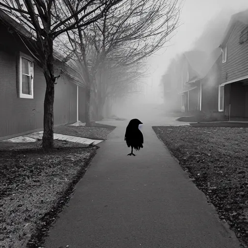 Prompt: 'it just keepings going on and keeps fading away, my thoughts turn into smoke in the air.', an image of a crow walking home from school through the backyards of neighbors.