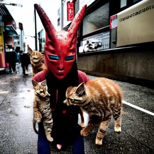 Image similar to pyramid head from silent hill petting a group of kittens in the rainy streets of Tokyo