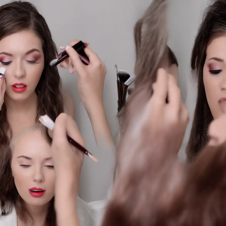 Image similar to a woman is having an existential crisis while applying makeup in a youtube video