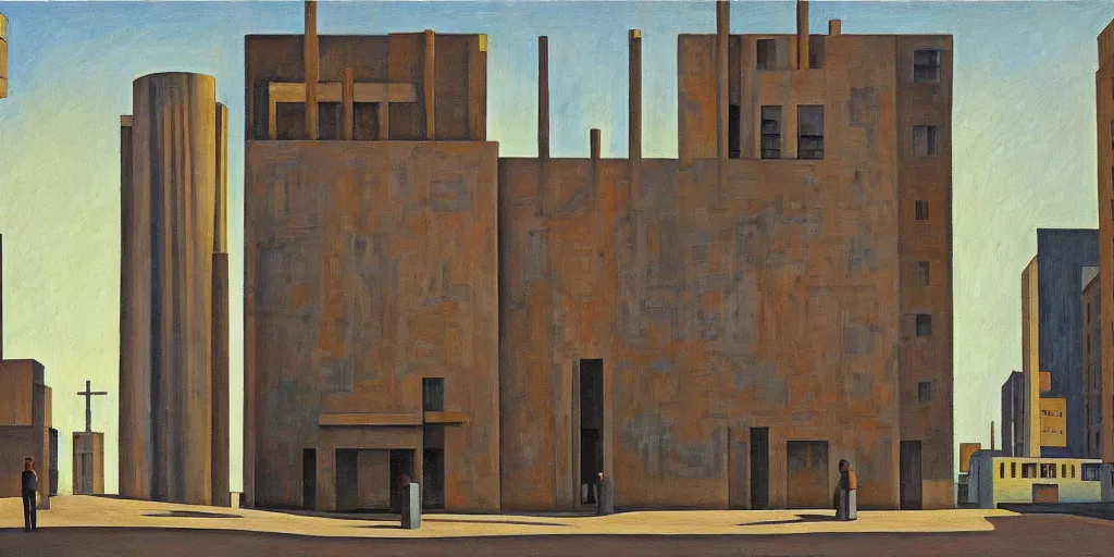 Image similar to stark brutalist town, street elevation, robot guards, grant wood, pj crook, edward hopper, oil on canvas