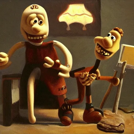 Prompt: oil painting of wallace and gromit killing a man