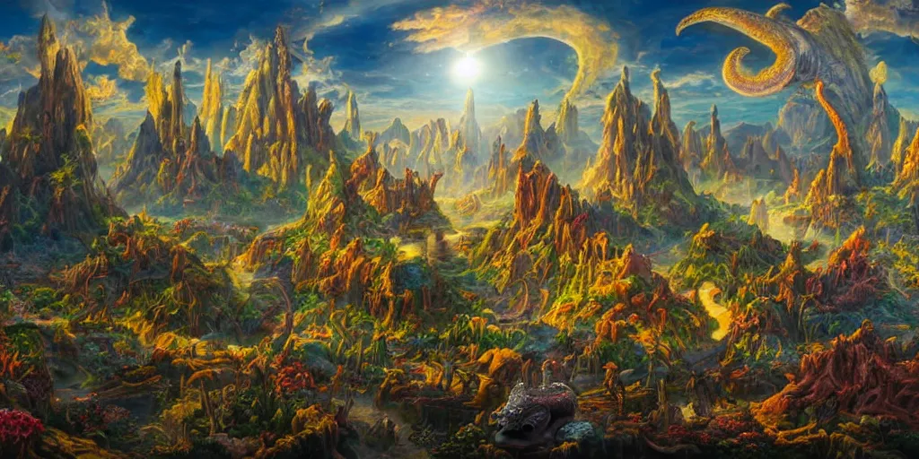 Image similar to fantasy oil painting, great leviathan, cybernetic turtle cephalopod terrapin reptilian pachyderm squid, bella hadid, hybrid, milla jovovich, anubis epic islamic city, natural light, lush plants flowers, spectacular mountains, bright clouds, luminous sky, outer worlds, golden hour, michael cheval, edward hopper, michael whelan, hd