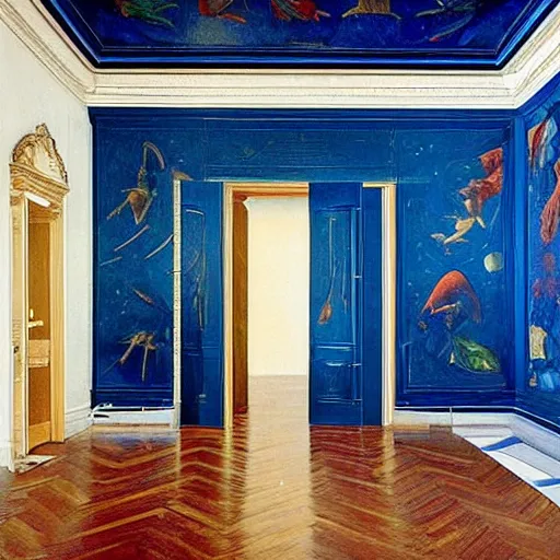 Prompt: giant mansion room with walls filled with modern art paintings, doors that are cosmic portals, painting by Botticelli