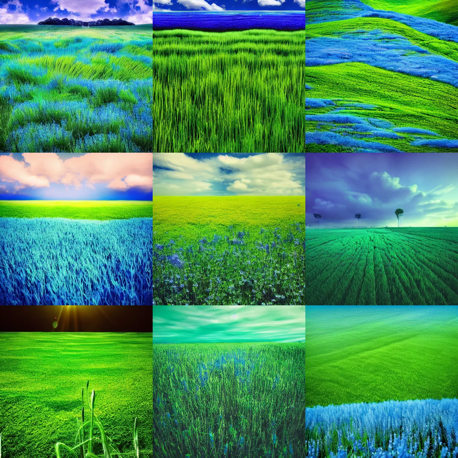 Prompt: surreal photography of a'blu field'blu grass blu flowers and'green sky'green clouds green fog