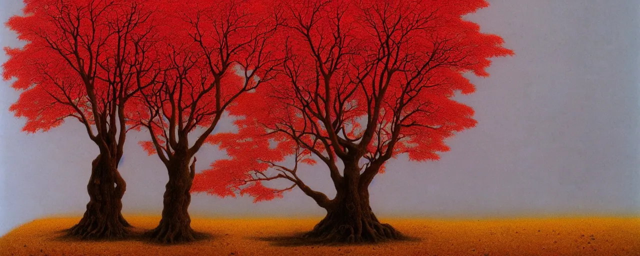 Image similar to mystic tree with red and yellow leaves made by zdzisław beksinski