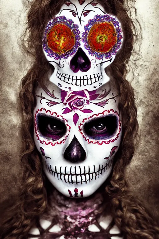 Prompt: Illustration of a sugar skull day of the dead girl, art by Michal Karcz