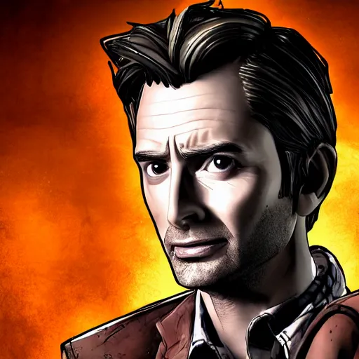 Image similar to david tennant portrait, borderlands, tales from the borderlands, the wolf among us, comic, cinematic lighting, studio quality, 8 k