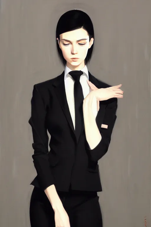 Image similar to a ultradetailed beautiful panting of a stylish woman wearing a black loose fit suit with a tie, oil painting, by ilya kuvshinov, greg rutkowski and makoto shinkai, trending on artstation