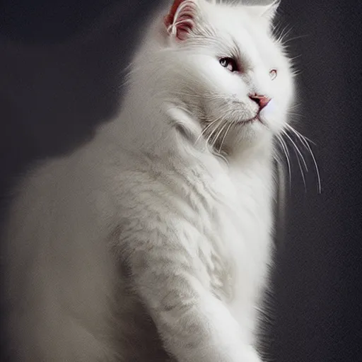 Image similar to white fluffy cat, male, thor, muscular, by wlop, cinematic, dark