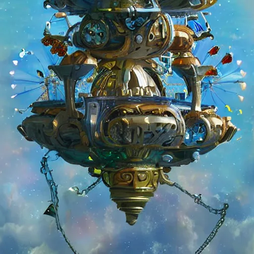 Prompt: flying city in a mechanical flower, sky, fantasy art