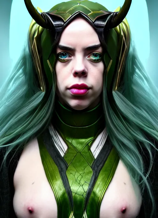 Image similar to Billie Eilish as Female Loki, Goddess of Mischief, sci fi, elegant, olive skin color, hyper realistic, hyper detail, very detailed, digital art, trending on artstation, smooth render, 8k octane render,