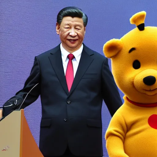 Image similar to Xi Jingping doing a speech dressed as Winnie the Pooh