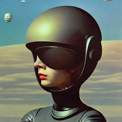 Image similar to portrait of an astronaut girl wearing helmet with tight black latex dress tight suit, Edward Hopper and James Gilleard, Zdzislaw Beksinski, Mark Ryden, Wolfgang Lettl highly detailed