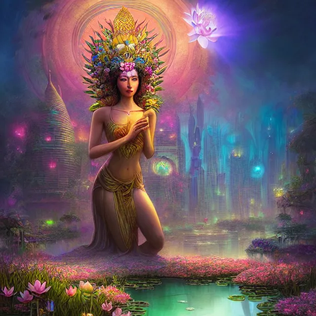 Image similar to Beautiful 3d render of the flower queen goddess near a pond full of lotus, atmospheric lighting, painted, intricate, volumetric lighting, beautiful, rich deep colours masterpiece, sharp focus, ultra detailed, in the art style of Dan Mumford and marc simonetti, with a clear crowded futuristic cyberpunk dubai city in the background, astrophotography