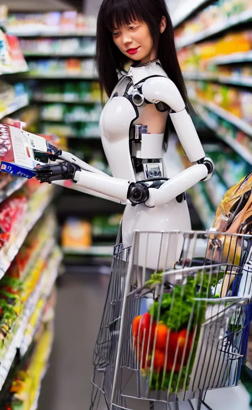 Prompt: photo of a robot-woman shopping for groceries in casual clothing in the style of Hajime Sorayama