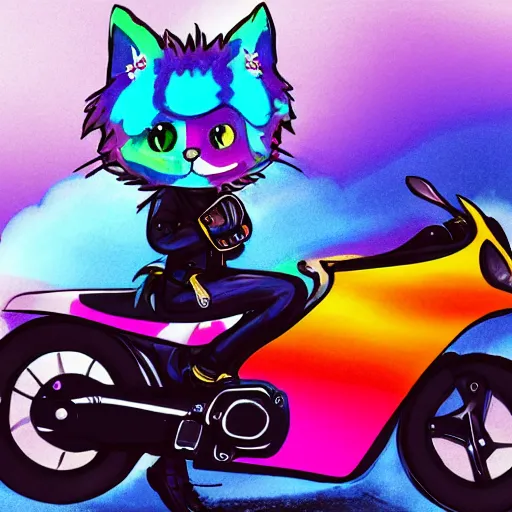 Image similar to wide angle full body, jacket wearing fluffy cute rainbow kitten wearing a black leather motorcycle jacket, riding on a motorcycle, cinematic concept art