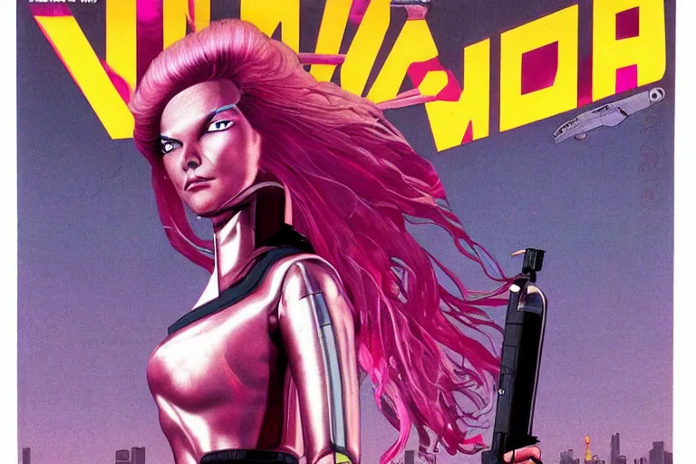 Image similar to 1979 OMNI Magazine Cover of woman with shiny Chrome aluminum skin face with Pink hair. neo-Tokyo streets behind her. in cyberpunk style by Vincent Di Fate