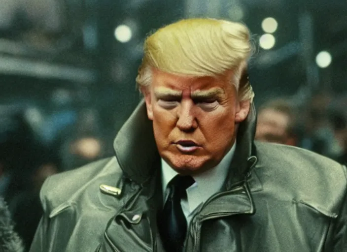 Image similar to film still donald trump wearing leather coat as a detective in blade runner, 8 k by alphonse mucha