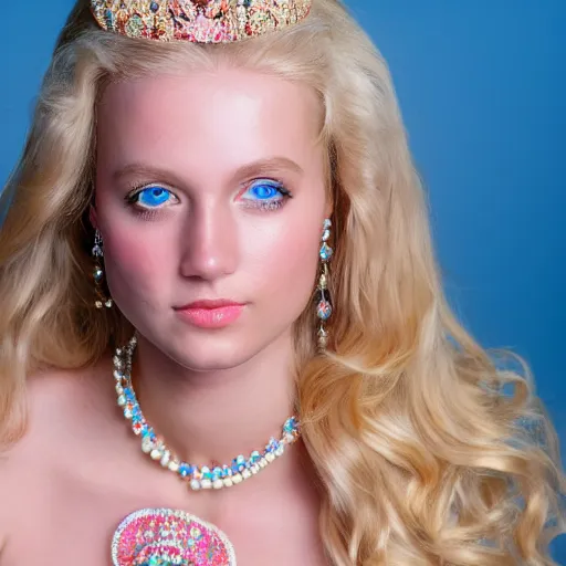 Image similar to close up headshot of a princess with long blonde hair and blue eyes wearing a strapless elaborately beaded pink dress, high resolution film still, 8k, HDR color, film by Simon Langton and David Frankel, diamond shaped face