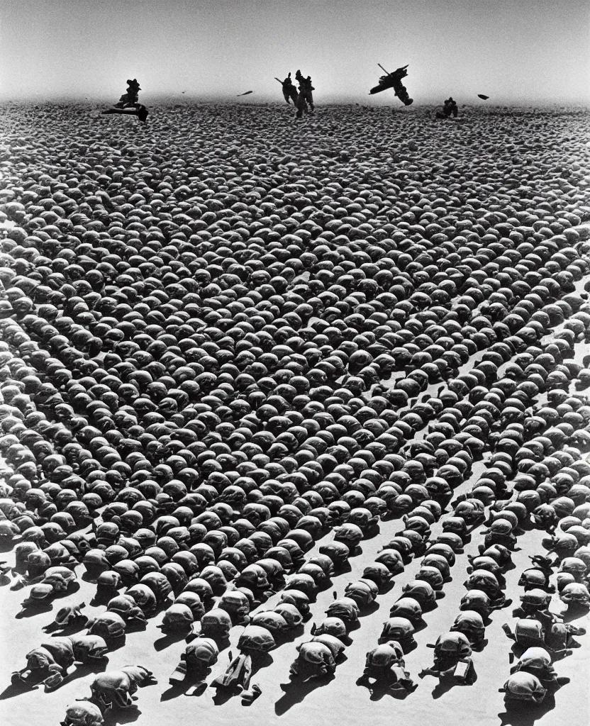 Prompt: a beautiful painting of bombs and soldiers on desert in el alamein battle, wwii, black and white, painted by escher, disorder