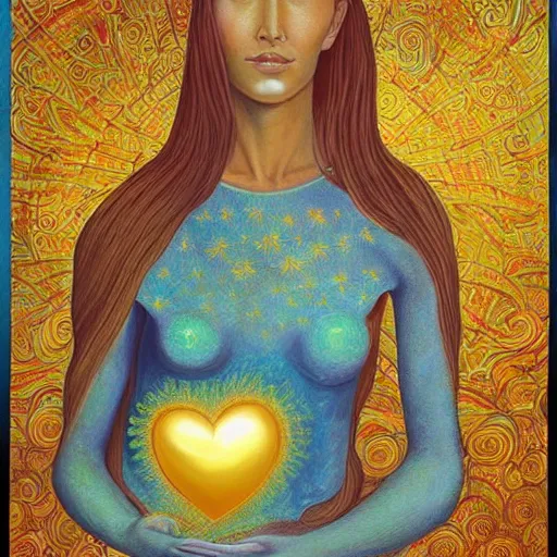 Image similar to a painting of a woman holding a glowing golden heart in the water, an acrylic on canvas painting by amanda sage and magali villenueve, louvre contest winner, gold foil, metaphysical painting, wiccan, mystical, tarot card art