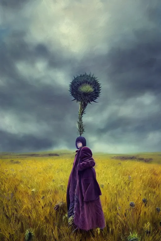 Image similar to portrait, enormous thistle flower head, a girl wearing coat in field, surreal photography, wind and cold, dramatic sky, impressionist painting, digital painting, artstation, simon stalenhag