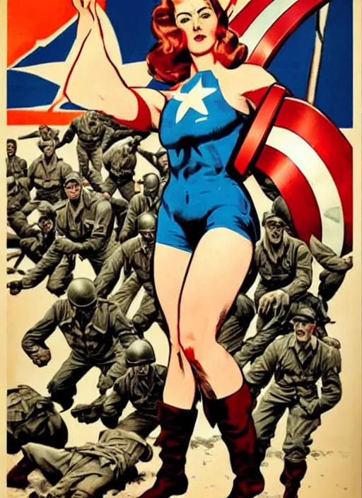 Prompt: beautiful female captain america standing on a pile of defeated german soldiers. feminist captain america wins wwii. american wwii propaganda poster by james gurney. gorgeous face. overwatch