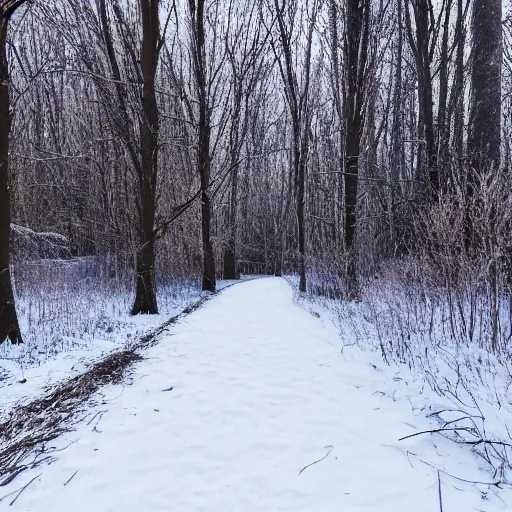 Prompt: A dark path through the field, winter, nighttime. A forest is visible in the distance. Amateur photograph