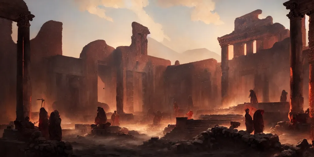 Prompt: the last day of pompeii, extremely detailed digital painting, in the style of fenghua zhong and ruan jia and jeremy lipking and peter mohrbacher, mystical colors, rim light, beautiful lighting, 8 k, stunning scene, raytracing, octane, trending on artstation