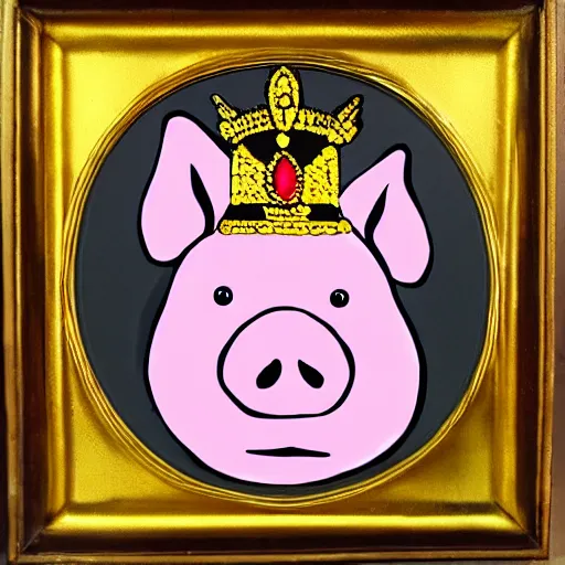 Image similar to a pig wearing a gold crown in the style of Chuck Jones