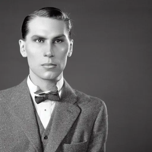 Image similar to A photograph portrait of Jerma985 wearing a suit with short slicked hair in the early 1930s, taken in the early 1930s, grainy, taken on a early 1930s Kodak Camera, realistic, hyperrealistic, very realistic, highly detailed, very detailed, extremely detailed, detailed, digital art, trending on artstation