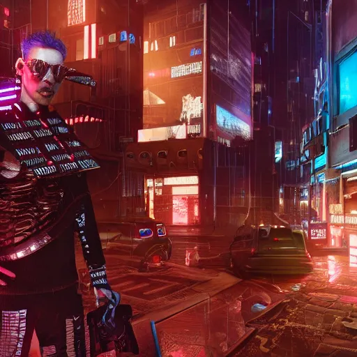 Prompt: a hyperrealistic 3d render of a male cyberpunk necromancer. intricate details. arnold render. Trending on ArtStation. Centered. Vivid cinematic lighting. cyberpunk background. Oasis. Metaverse.