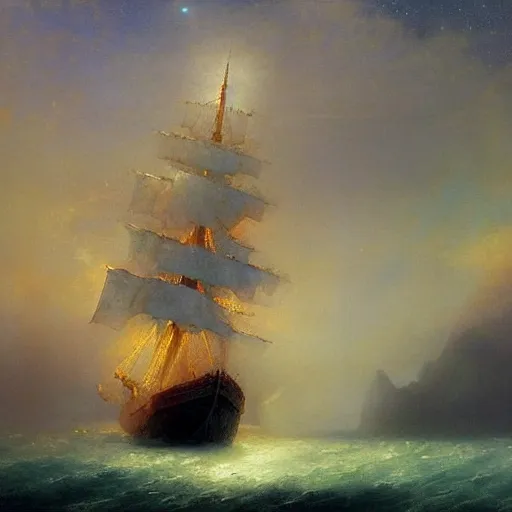 Prompt: sailing ship, cosmic nebula, artstation, by andrea rocha, by ivan aivazovsky, by john harris, impressionism, watercolor, dramatic scenery, hdr