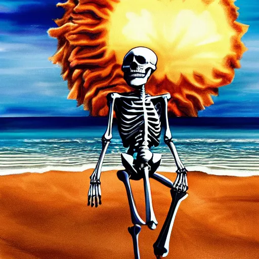 Image similar to highly detailed anatomically accurate skeleton on the beach with nuclear explosion in the background, trending on Artstation