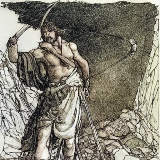 Prompt: Odysseus strings his bow, illustrated by Arthur Rackham