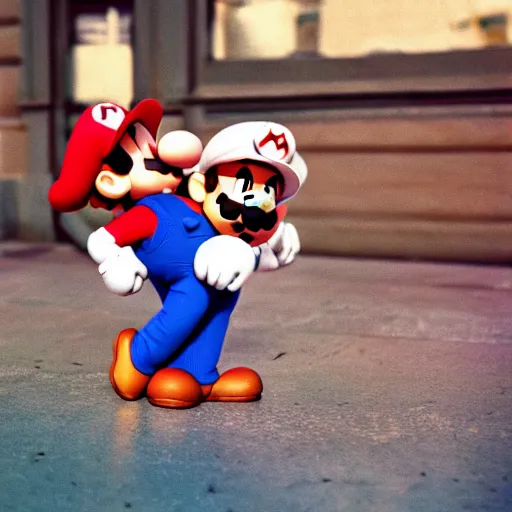 Prompt: photo of super mario hugging luigi, cinestill, 800t, 35mm, full-HD