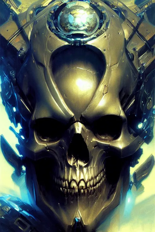 Prompt: extreme close up baron cyber skull extremely high detail portrait dnd, painting by gaston bussiere, craig mullins, greg rutkowski, yoji shinkawa