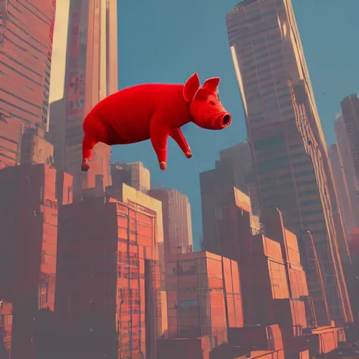 Image similar to pig in a red sweater flying in a cyberpunk city