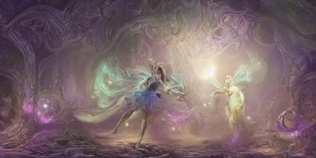 Prompt: concept art of translucent glowing curvy fairy dancing, lovecraftian, futurism, renaissance, melting, round moons, rich clouds, fighting the horrors of the unknown, very detailed, volumetric light, mist, fine art, decaying, textured oil over canvas, epic fantasy art, very colorful, ornate intricate scales, floor of skulls, fractal gems